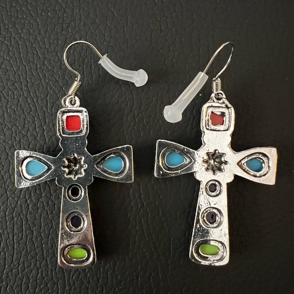 ❤️ Southwestern Multicolor Cross Stone Earrings Native Boho Tribal - Picture 3 of 4